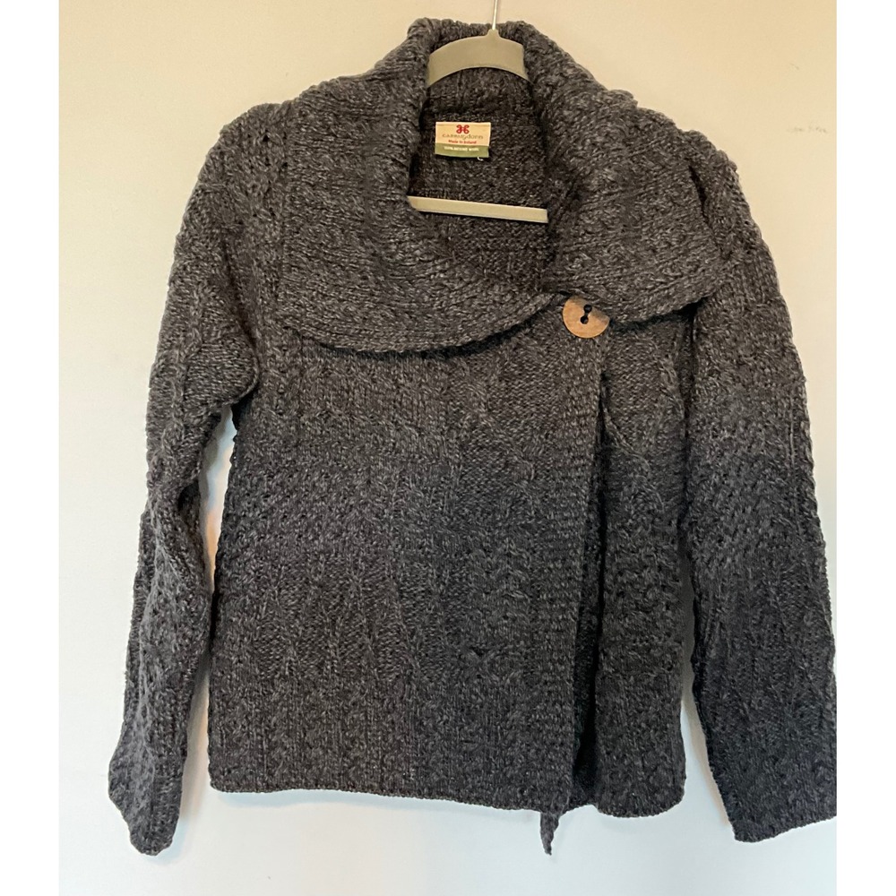 Carraig Donn Ireland Merino Wool Aran Knit Cardigan Sweater Gray XS Shawl Collar